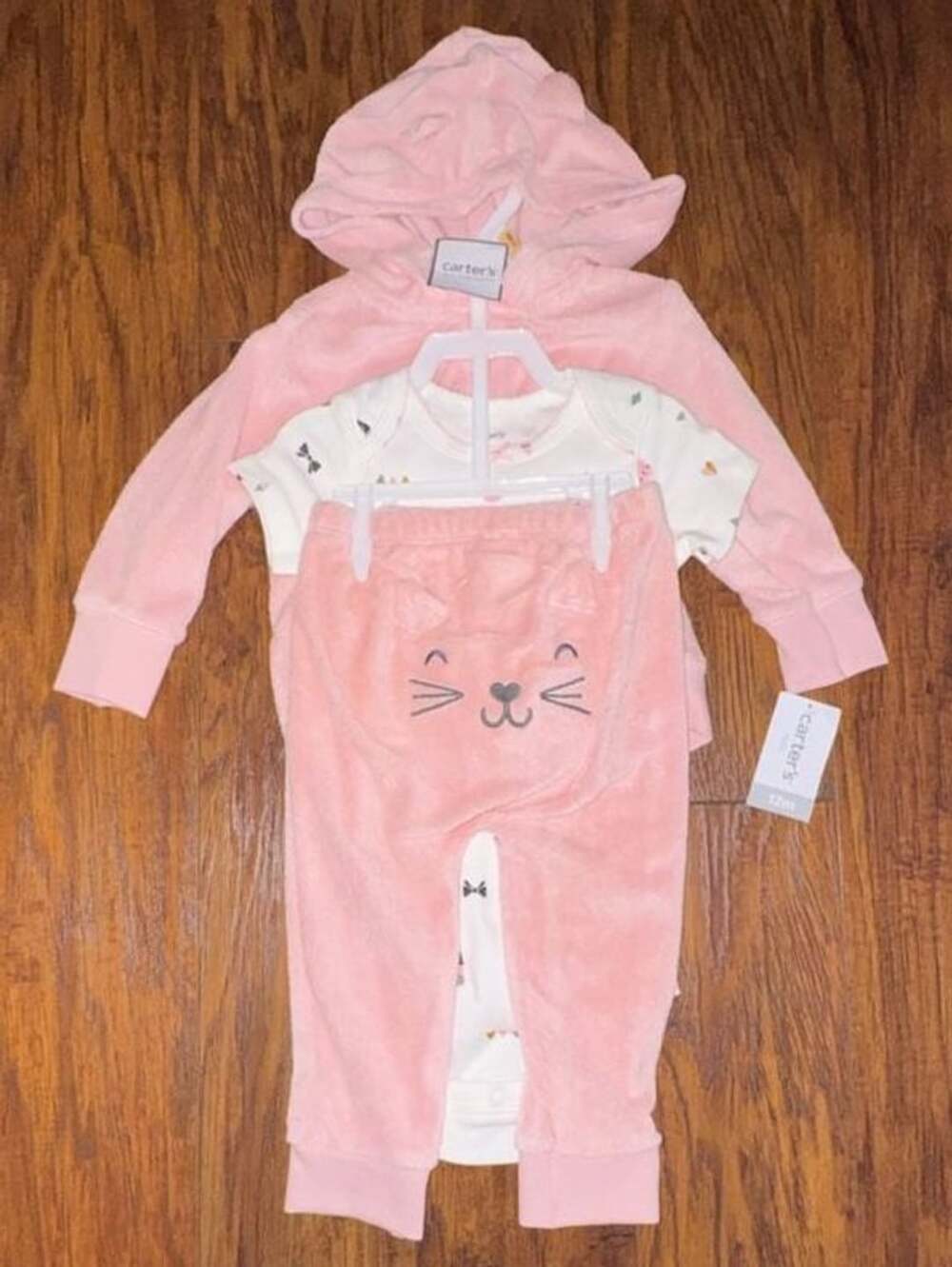 Carter's 3-Piece Pink Cat Fleece Hoodie Bodysuit Pants Size 12M